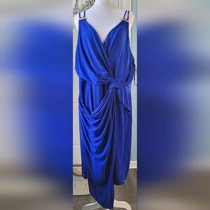 City Chic Midi Dress Women's 20 Blue w/ Gold Hardware Faux Wrap Asymetric Hemlin